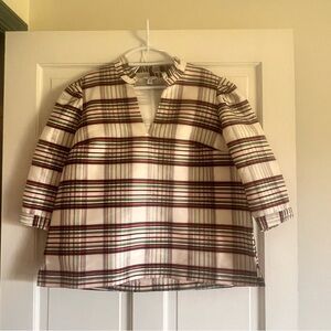 Dark pink, light pink, green, black, white, Crown and Ivy silk linen shirt.